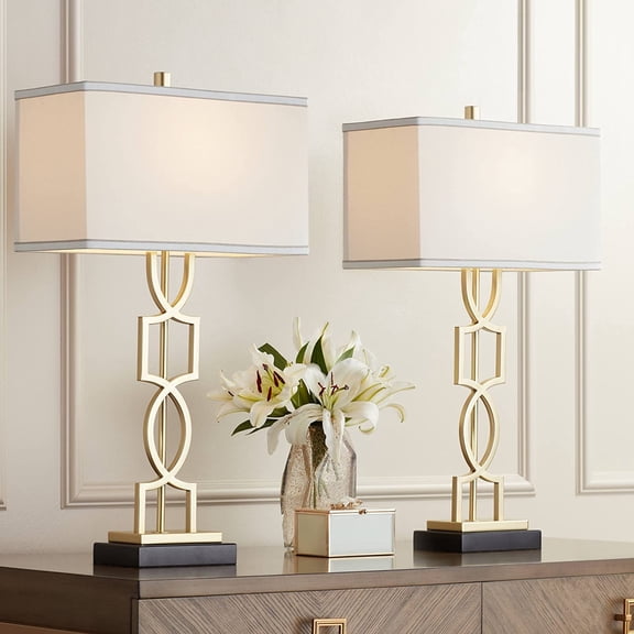Set of 2 Modern Table Lamps 28 1/4" Tall, Gold Metal Geometric Frame, White Curved Rectangular Shade for Living Room Bedroom Bedside Nightstand Home Office
