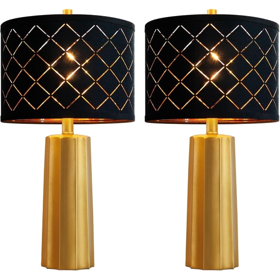 Set of 2 Modern Table Lamps for Living Room Bedroom, Gold Nightstand Resin Lamps with Black Grid Shade, Contemporary Desk Lamps for Bedside End Tables, 2 Bulbs Included (Gold)