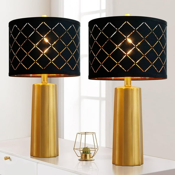 Set of 2 Modern Table Lamps for Living Room Bedroom, Gold Nightstand Resin Lamps with Black Grid Shade, Contemporary Desk Lamps for Bedside End Tables, 2 Bulbs Included (Gold)