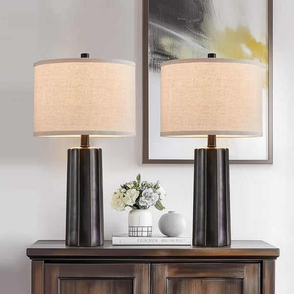 Set of 2 Modern Table Lamps for Living Room Bedroom, Gold Nightstand Resin Lamps with Black Grid Shade, Contemporary Desk Lamps for Bedside End Tables, 2 Bulbs Included (Gold)