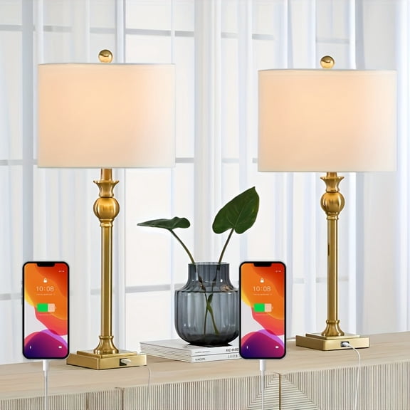 Set of 2 Modern Table Lamps with USB- Charging Port & Adjustable Bedside - Golden Metal Drum Shade Swing Table Desk Lamps Suitable for Living Room, Bedroom, Office - Not Included, Plug 120