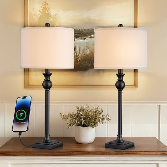 Set of 2 Modern Table Lamps with USB- Charging Port & Adjustable Bedside - Golden Metal Drum Shade Swing Table Desk Lamps Suitable for Living Room, Bedroom, Office - Not Included, Plug 120