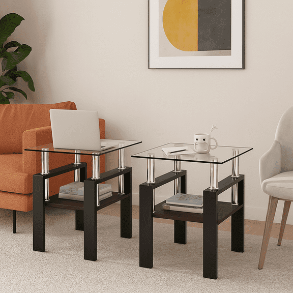 Set of 2 Modern Tempered Glass Tea Table,Tempered Glass Tabletop with MDF Layer,Coffee Table,End Table, Square Table for Living Room, Transparent/Black