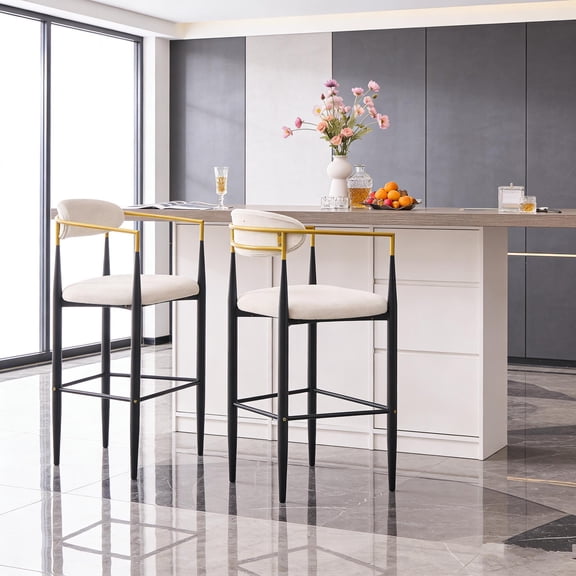 Set of 2 Modern Upholstered Bar Stools, 23" Counter Height with Gold-Accented Armrests, Ergonomic Beige Fabric Seat & Black Metal Frame for Kitchen Island