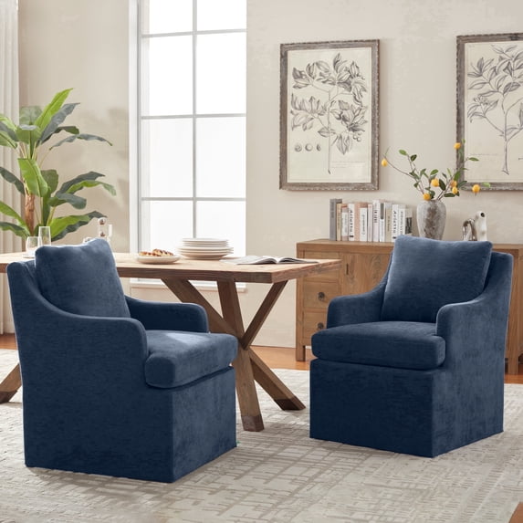 VKNOW Set of 2 Upholstered Dining Chairs with Rolling Casters and Armrests for Kitchen and Dining Room,Blue