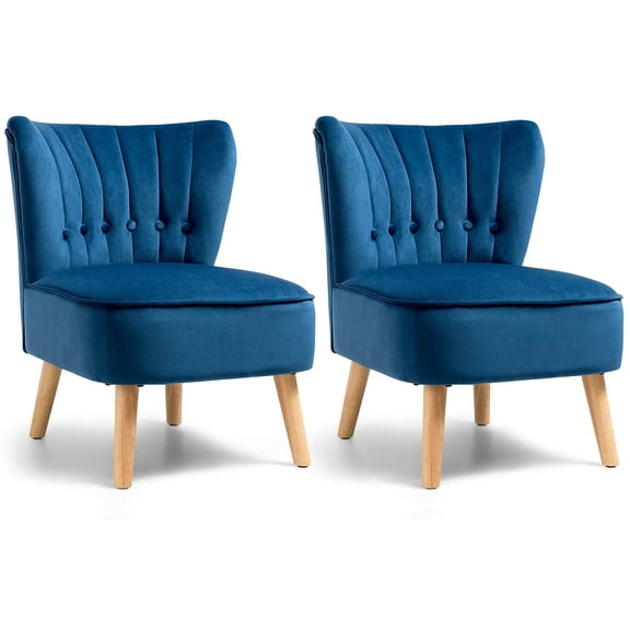 Set of 2 Modern Velvet Accent Chair, Small Upholstered Leisure Sofa Chair w/Wood Legs, Thickly Padded and Button Tufted, Armless Wingback Club Chairs for Living Room Bedroom Furniture, Blue