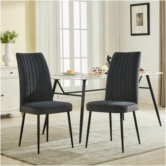 Set of 2 Modern Velvet Dining Chairs with Adjustable Footrests, Dark Grey Upholstered Kitchen Side Chairs, Contemporary Iron Frame Accent Chairs for Restaurant and Home Dining