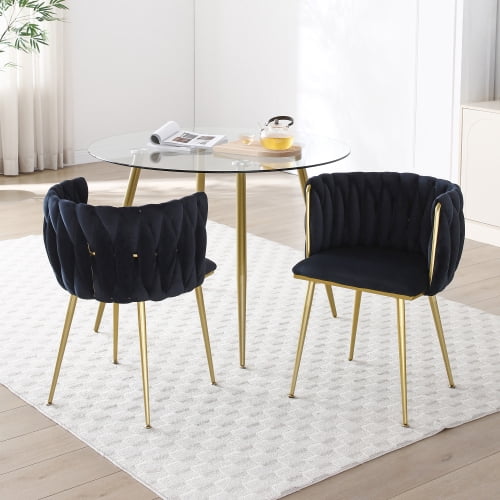 Set of 2 Modern Velvet Dining Chairs with Woven Backrest & Golden Metal Legs – Upholstered Accent Chairs for Dining Room, Kitchen, Living Room, Bedroom, Vanity, Black