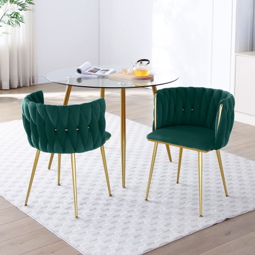 Set of 2 Modern Velvet Dining Chairs with Woven Backrest & Golden Metal Legs – Upholstered Accent Chairs for Dining Room, Kitchen, Living Room, Bedroom, Vanity, Green
