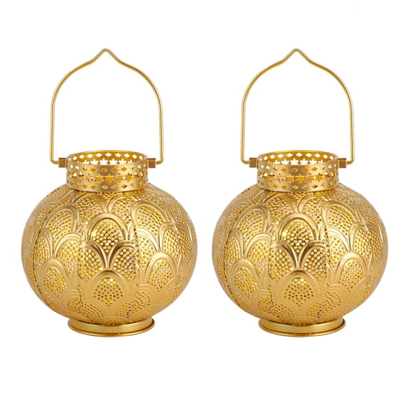 Set of 2 Moroccan Style Metal Table Lamp 7'' High Battery Powered Cordless Lamp with LED Lights Bulb Perfect for Home Living Room Parties Tabletop Indoors (Gold Scallop)