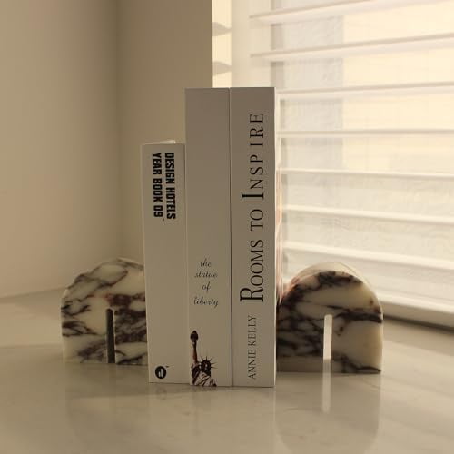 Set of 2 Natural Calacatta Viola Marble Bookends for Shelves, Decorative Book Ends for Heavy Books, Book Stopper Office Bookshelf Decor for CDs/Video Games