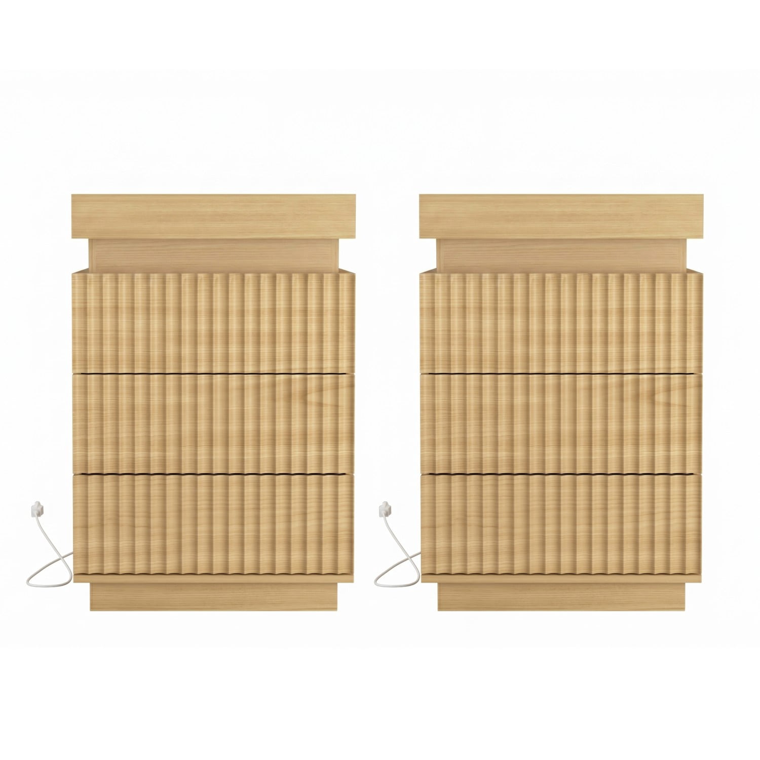 Set of 2 Natural Nightstands with Charging Station & LED Lights, Fluted Wave Panel Bedside Tables with Hidden Sliding Top Storage, 3 Drawer Night Stands for Bedroom & Living Room