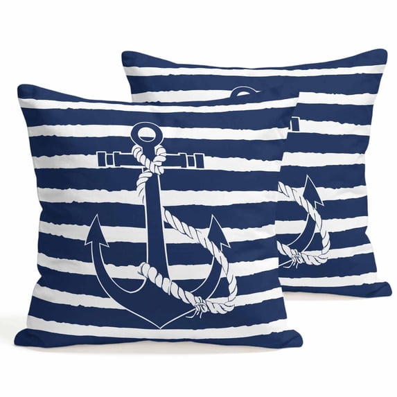 Set of 2 Nautical Pillow Covers 20x20 Inch, Navy Blue and White Striped Retro Anchor Decorative Throw Pillow Cases Cotton Cushion Covers for Sofa Couch Bed Living Room Bedroom Home Decor