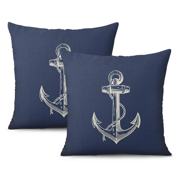 Set of 2 Navy Blue Nautical Throw Pillow Covers 16x16, Coastal Ocean Anchors Throw Pillow Cases, Decorative Linen Cushion Cases for Couch Sofa Living Room Home
