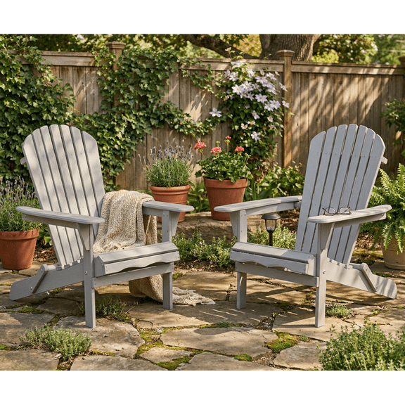 Set of 2 Navy Blue Weather Resistant Solid Wood Foldable Embossed Adirondack Chairs Vertical Slatted Back Half Pre Assembled Lawn Patio Outdoor Rustic Lounge Chairs