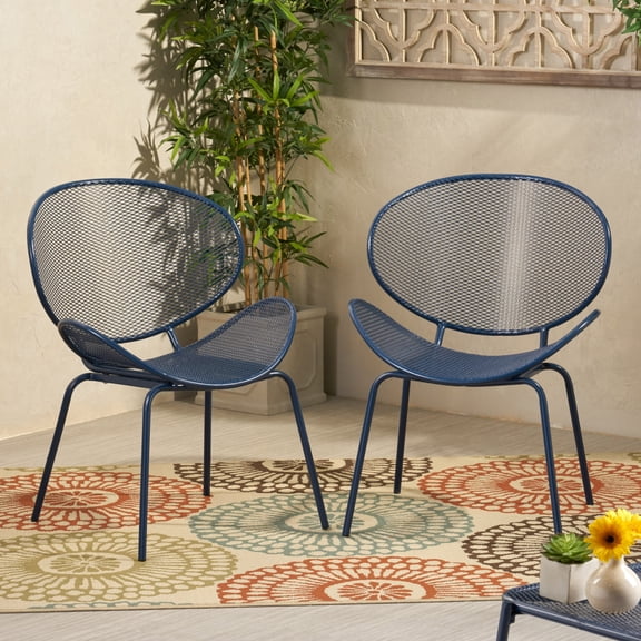 Set of 2 Navy Metal Outdoor Accent Chairs Curved Mesh Seat and Back Weather Resistant Iron Patio Bistro Side Chairs Modern Armless Furniture for Backyard Balcony Garden Deck Poolside