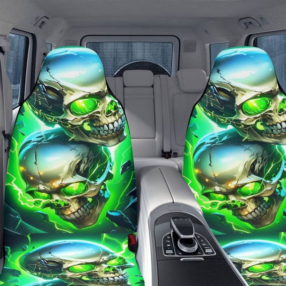 Set of 2 Neon Glow-in-the-Dark Skull Car Seat Covers - Fit for Cars, SUVs, Sedans & Trucks - Neon Green & Gothic Design, Machine Washable Front Bucket Seat Protectors with Easy Installation