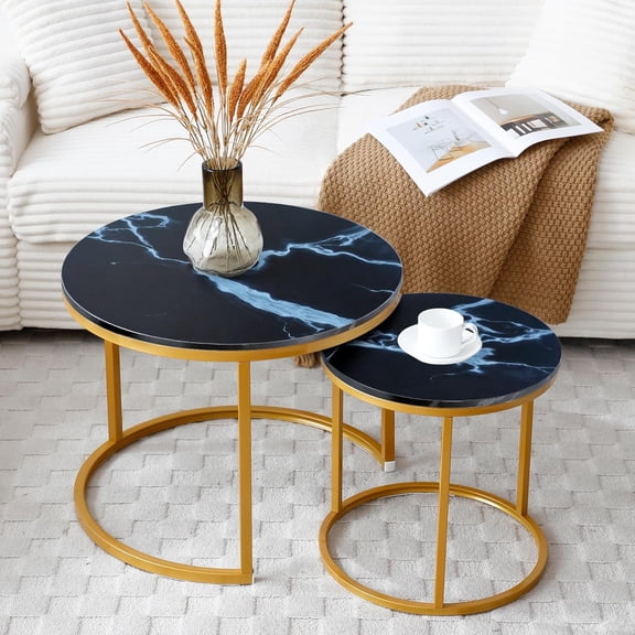 Set of 2 Nesting Coffee Table, Side Round End Table Sturdy Metal Frame Desk for Living Room, Bedroom, Apartment,Modern Industrial Simple Nightstand, Black Gold