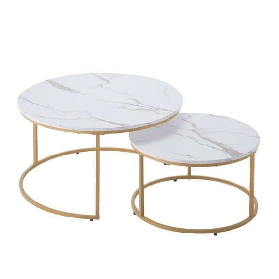 Set of 2 Nesting Coffee Tables - 31.5" Round Vintage Side Tables with Metal Frame, Space-Saving Nightstand for Small Spaces, Living Room, Bedroom & Office (White & Gold)