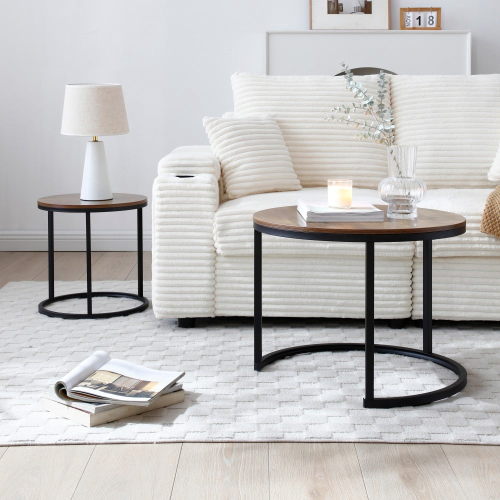 Set of 2 Nesting Coffee Tables, Walnut Round Marble-Look Wood Top with Black Metal Frame, Modern Industrial Side Tables, End Tables for Living Room, Bedroom