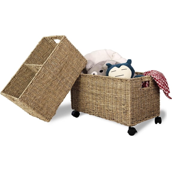 Set 2 Nesting Natural Wicker Rolling Storage Baskets on Wheels w Insert Handles, Under Table Under Desk Woven Storage Bins, Mobile File Cabinet Organiser (Seagrass, Sizes M, L Nesting)