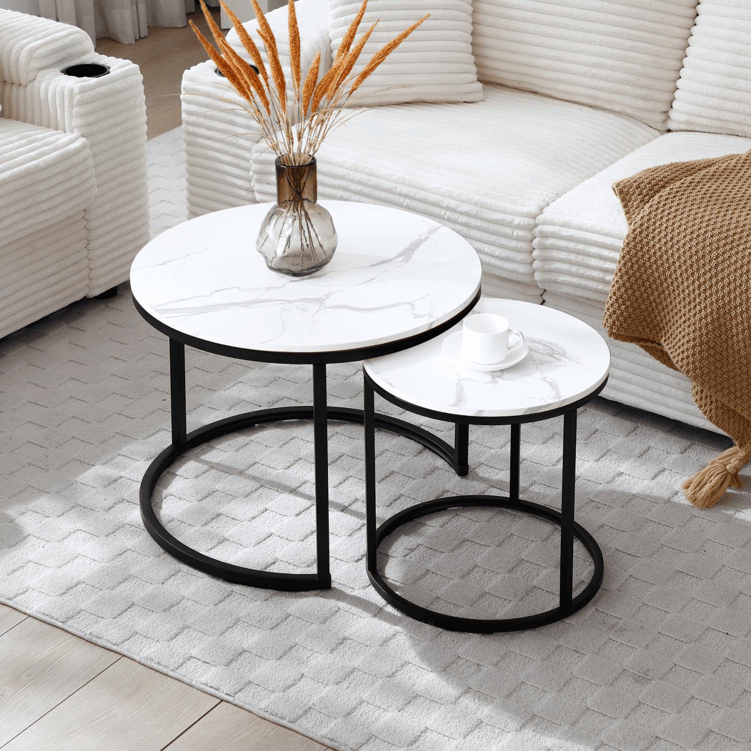 Set of 2 Nesting Round Coffee Tables, White & Marble Pattern Tabletop with Black Metal Frame, Modern Industrial Wooden Side Table, Accent Nightstand for Living Room Bedroom Apartment
