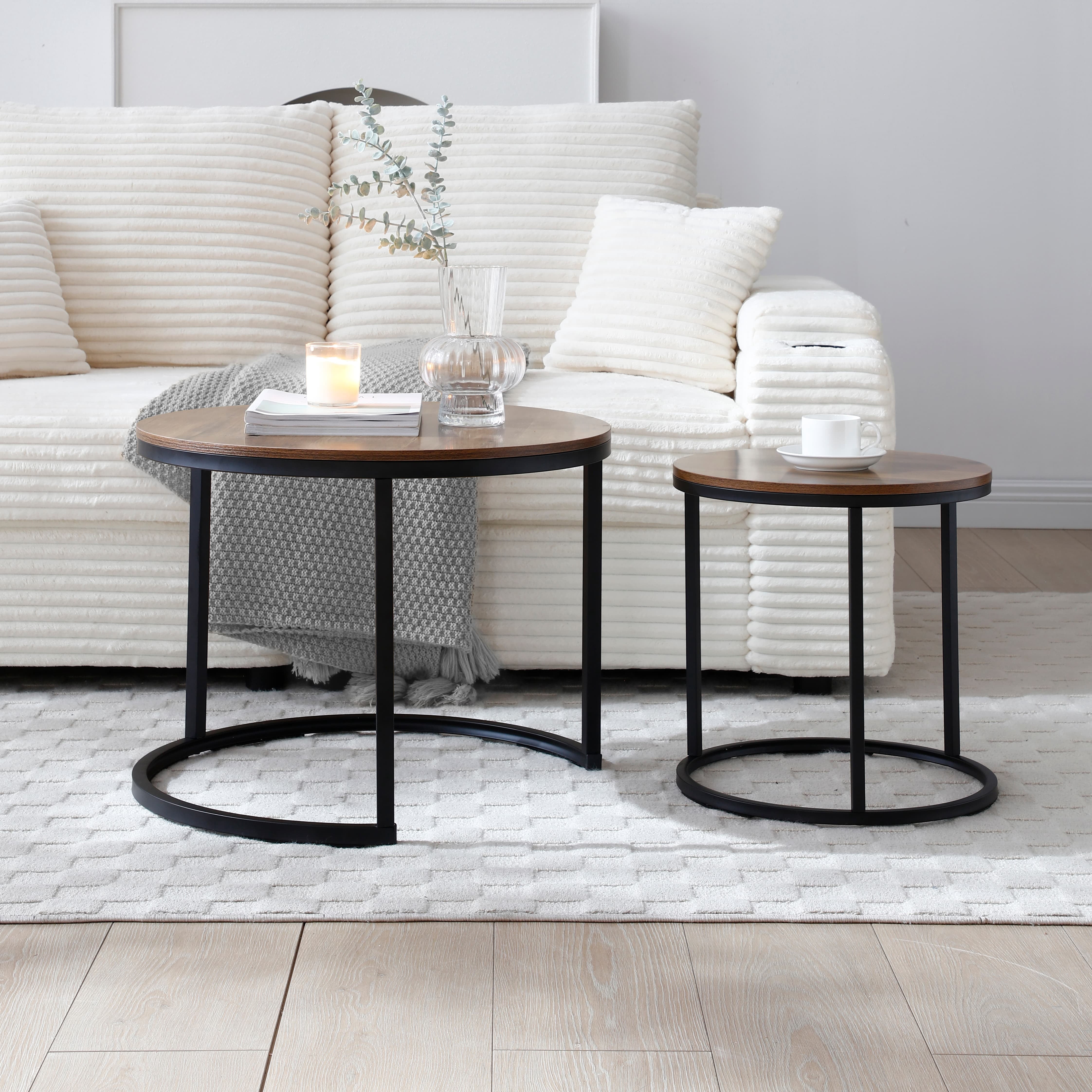 Set of 2 Nesting Round Side End Tables, Modern Industrial Coffee Table with Sturdy Metal Frame, Multifunctional Nightstand for Living Room Bedroom Apartment