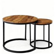 Set of 2 Nesting Round Side End Tables, Modern Industrial Coffee Table with Sturdy Metal Frame, Multifunctional Nightstand for Living Room Bedroom Apartment