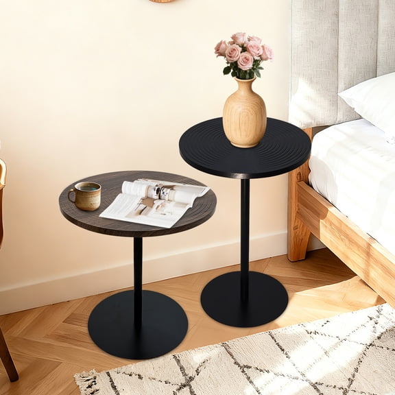 Set of 2 Nesting Round Side Tables, Concentric Circle MDF Top with Metal Pedestal, Stackable Small Coffee Nightstand for Living Room Bedroom Corner Small Spaces, Walnut Brown & Black 2 Color Options