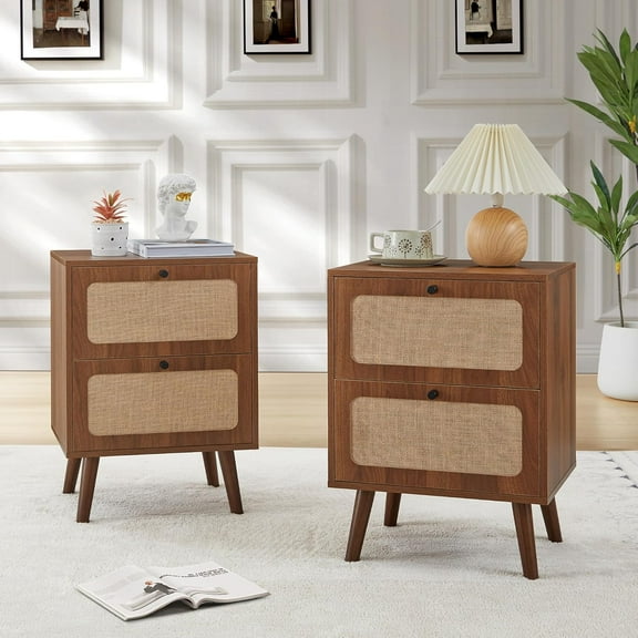Set of 2 Night Stand with 2 Drawers, Mid Century Modern Nightstands with Nature Linen Panel, Wood Bedside Table Rustic End Table Side Tables for Small Space, Dorm, Bedroom (Walnut)(Walnut)