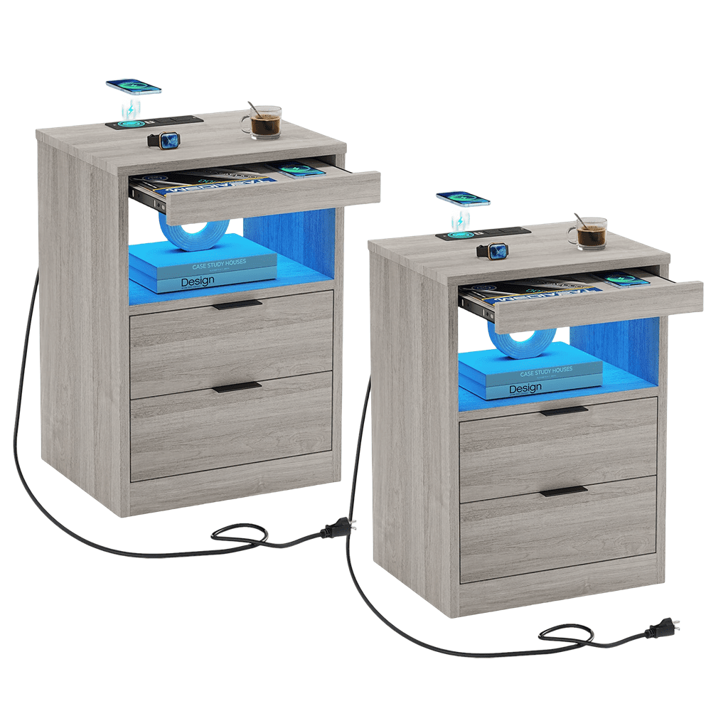 Set of 2 Night Stand with 2 Drawers and Open Storage,Smart Nightstand