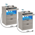 thumbnail image 1 of Set of 2 Night Stand with 2 Drawers and Open Storage,Smart Nightstand with Wireless Charging Station and LED Lights,Bedside Table with Drawers and Storage Pull-Out Shelf,Grey, 1 of 10