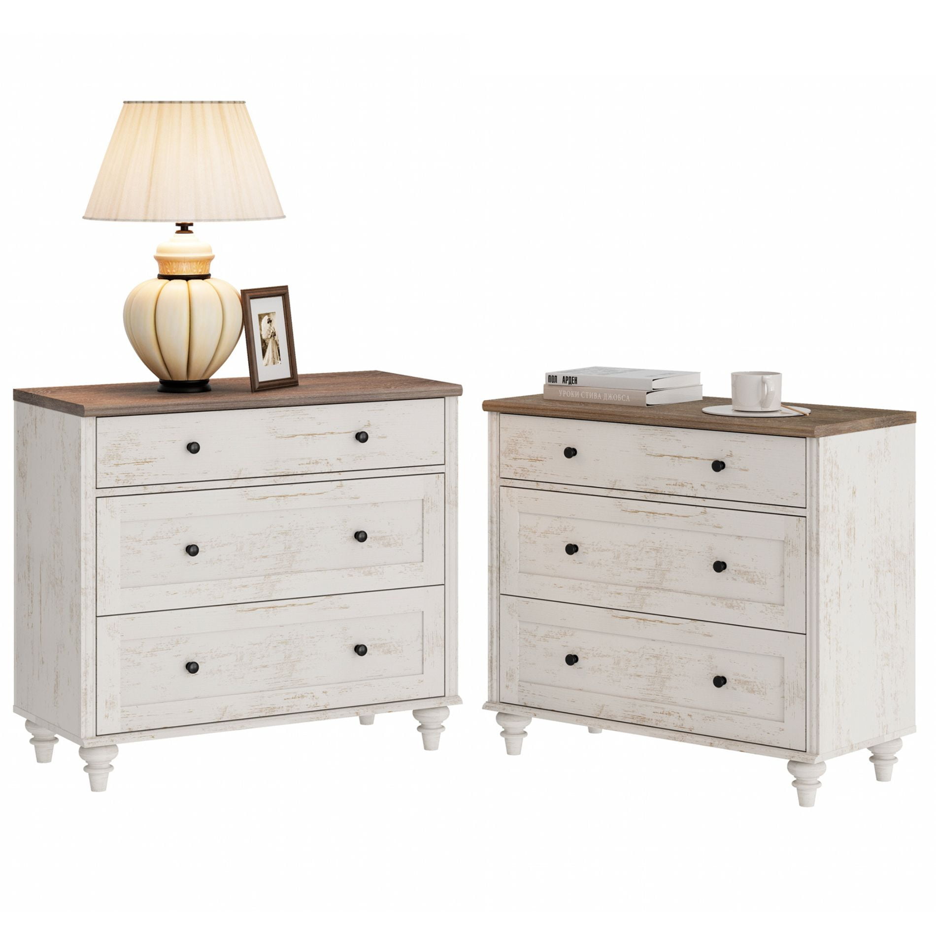 Set of 2 Nightstand with 6 Drawers, Large 6 Drawers Wooden Bedside Table Night Stand, Farmhouse Wide Sofa Side End Table Chest of Dresser for Living Room, Bedroom, Rustic White