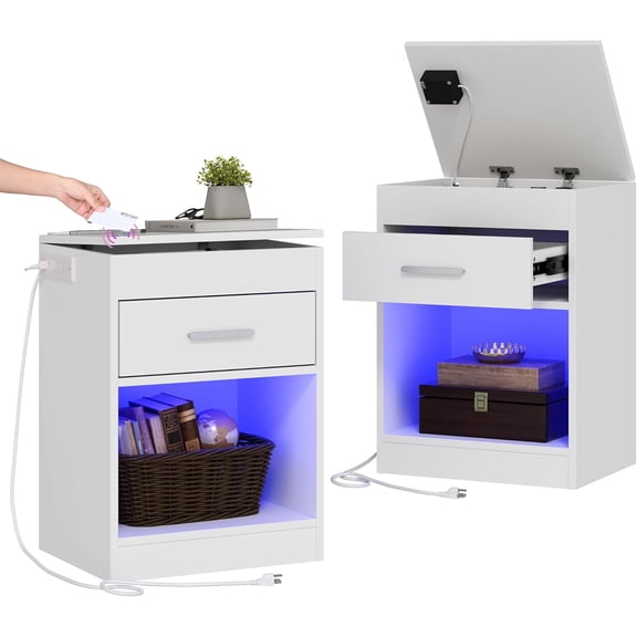 Set of 2 Nightstand with Charging Station and LED Lights, Bedside Table with Hidden Compartment for Valuables Storage, Concealment Furniture with Lock Cabinet and Power Outlets… (Whie- 2pcs)