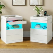 Set of 2 Nightstand with 2 Drawers & LED Lights & Charging Station, LED Bedside Table End Side Table with Pull-Out Tray & Sliding Glass Top for Bedroom, White