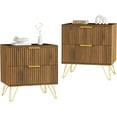 thumbnail image 1 of Set of 2 Nightstand, Mid Century Modern Night Stand Bedside Table with 2 Storage Drawer, Bed Side End Table with Golden Handles and Legs for Bedroom, Walnut, 1 of 8