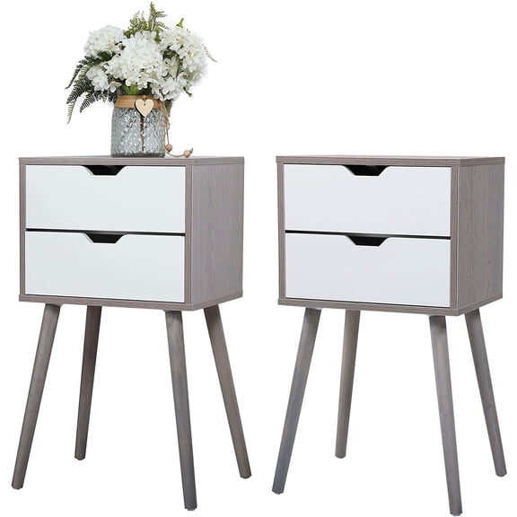 Set of 2 Nightstand with Storage Drawer, Solid Wood Leg Modern Side Table End Table Bedside Table Mid Century Furniture for Home Living Room Bedroom - Light Grey