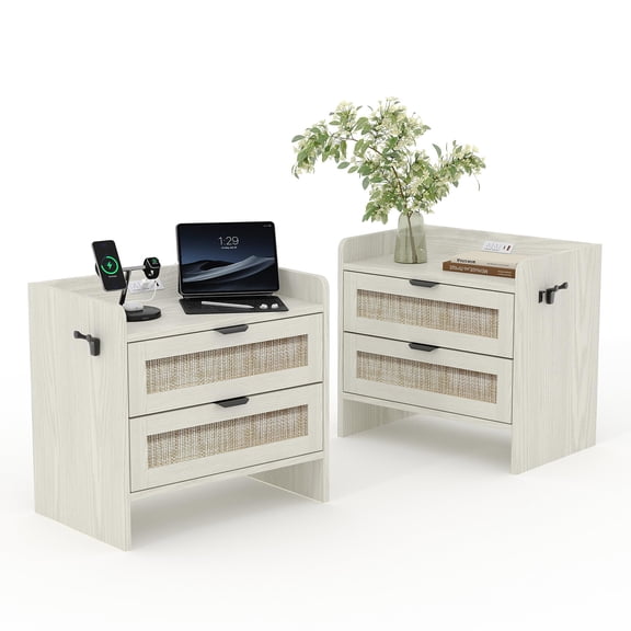 Set of 2 Nightstands with Charging Station, Rattan Drawer Bedside Tables with USB-C & AC Outlets, MDF Wood End Tables with Handles & Hooks, 23.6'' W x 15.4'' D x 22'' H, White