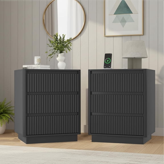 Set of 2 Nightstands with Charging Station, Rounded Corner Fluted Bedside Tables with 3 Drawers & Cable Management, Modern End Tables for Bedroom, Black
