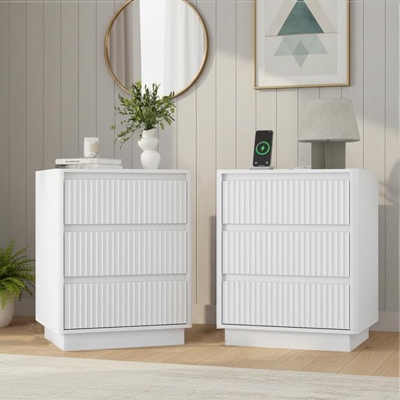 Set of 2 Nightstands with Charging Station, Rounded Corner Fluted Bedside Tables with 3 Drawers & Cable Management, Modern End Tables for Bedroom,White