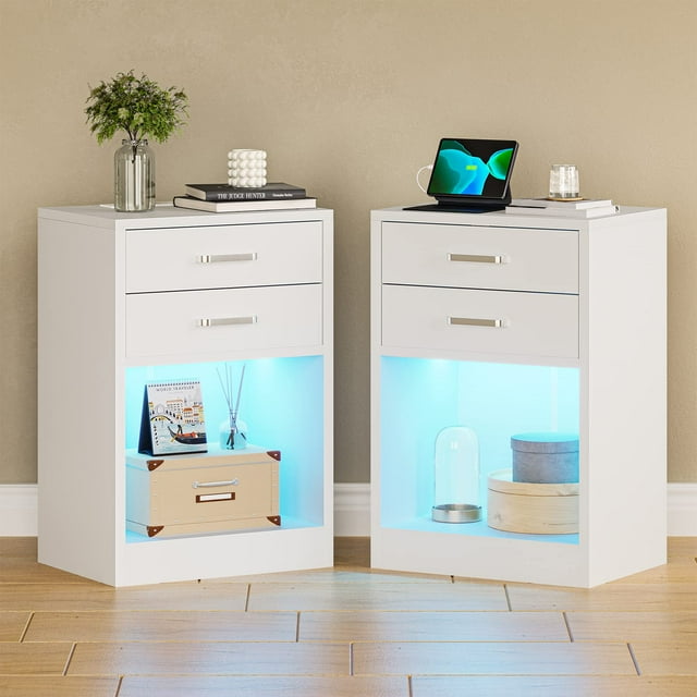 Set of 2 Nightstands with LED Lights,2 Drawers Night Stand with