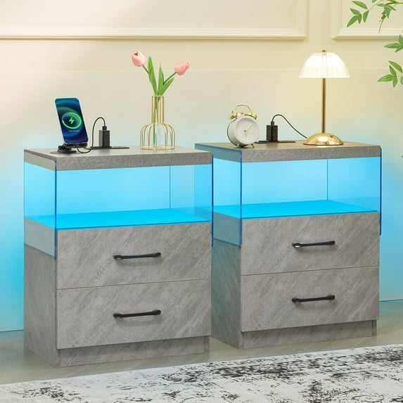 Set of 2 Nightstands LED Nightstand with Charging Station, 2 Drawers Night Stand with LED Lights for Bedroom, Modern Bedside Table for Bedroom (Gray, 2 PCS)