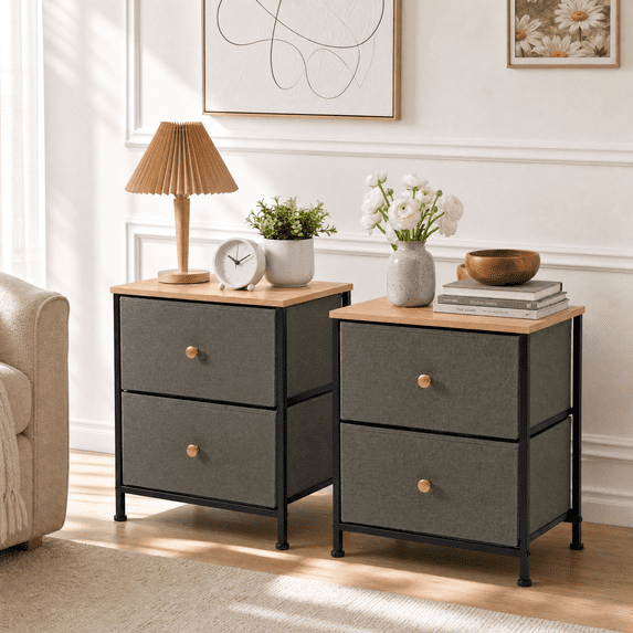 Set of 2 Nightstands with Storage Drawers, Small Bedside Table Storage Organizer with Wooden Top, Fabric Dresser Cabinet for Living Room Dorm, Entryway 2pcs