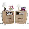 thumbnail image 1 of Set of 2 Oak Finish Nightstands with USB Charging Station, Fluted Bedside Tables with LED Lights, 2 Storage Drawers and Shelf, Light Brown Wood End Tables, 1 of 2