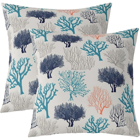 Set of 2 Ocean Throw Pillow Covers, Coastal Nautical Ocean Marine Cushion Case for Home Living Room Decor, Reversible Nautical Sea Creatures Decorative Throw Cushion Case, 18x18 Inches