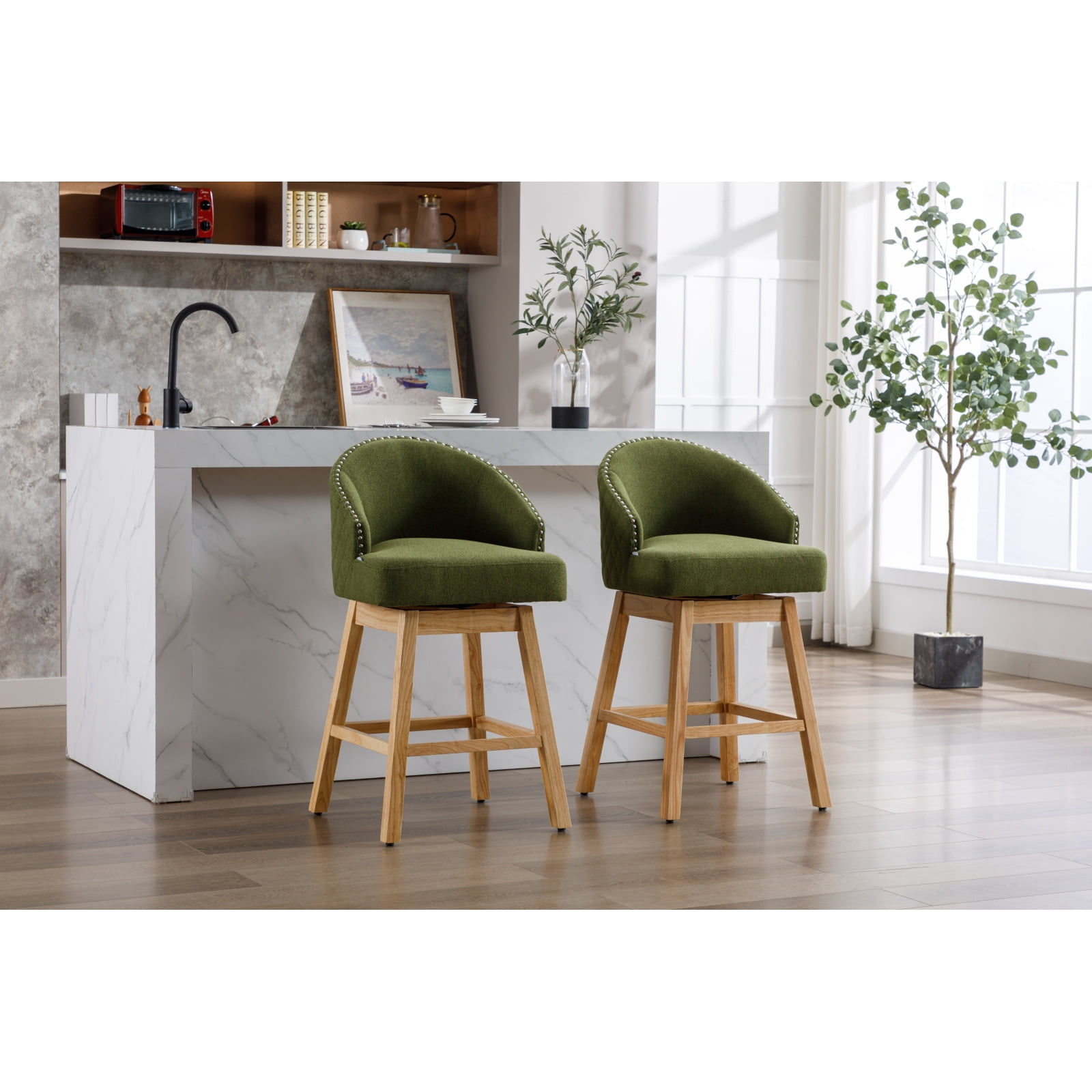 Set of 2 Olive Green Bar Stools, Counter Height Chairs with Footrest