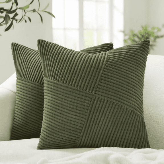 Set of 2 Olive Green Corduroy Striped Patchwork Throw Pillow Covers, 18x18 Inches (45x45 cm), Soft Windmill Textured Decorative Cushion Cases for Sofa Couch Bed, Boho Aesthetic Home Decor