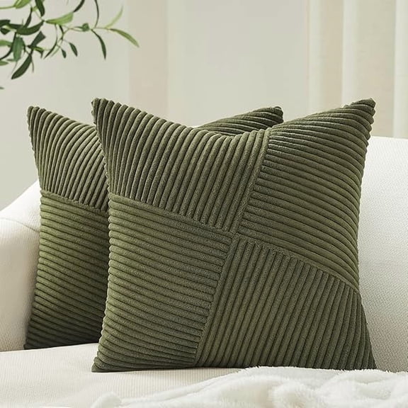 Set of 2 Olive Green Decorative Throw Pillow Covers 20x20 Inches for Couch Bed Sofa, Boho Aesthetic Home Decor, Soft Corduroy Striped Patchwork Windmill Textured Cushion Cases 50x50 cm