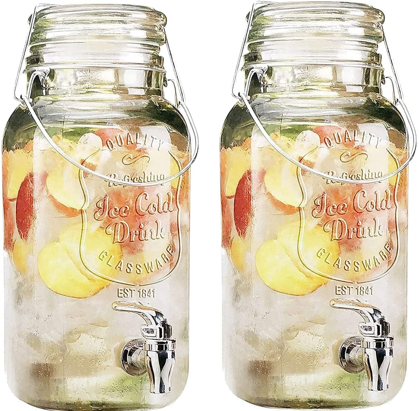 Drink Dispensers for Parties,2 Pack 1 Gallon Beverage Dispenser with  Leak-Proof Stainless Steel Spigot plus Ice Cylinder and Fruit Infuser,Mason  Jar