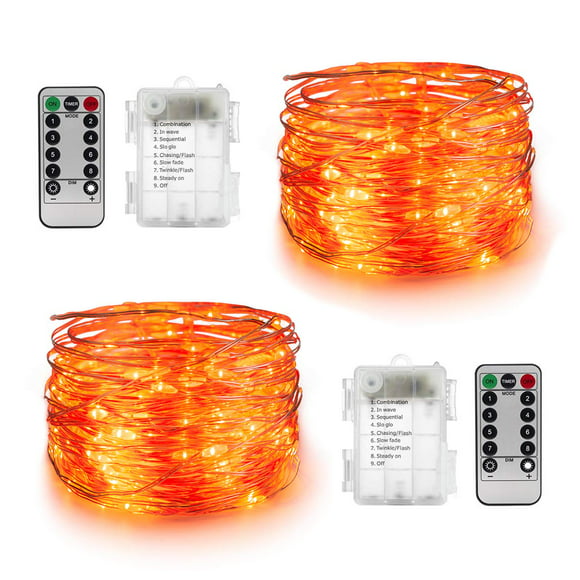 Set of 2 Orange Lights for Halloween - 16.4ft Battery Operated Fairy String Lights - 50 LEDs Twinkle Firefly Lights with Remote Control for Garden,Thanksgiving Day,Christmas Indoor Decoration